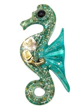 Vintage Lucite Style Resin Teal Seahorse Wall Plaque Shell Inlay Coastal MCM